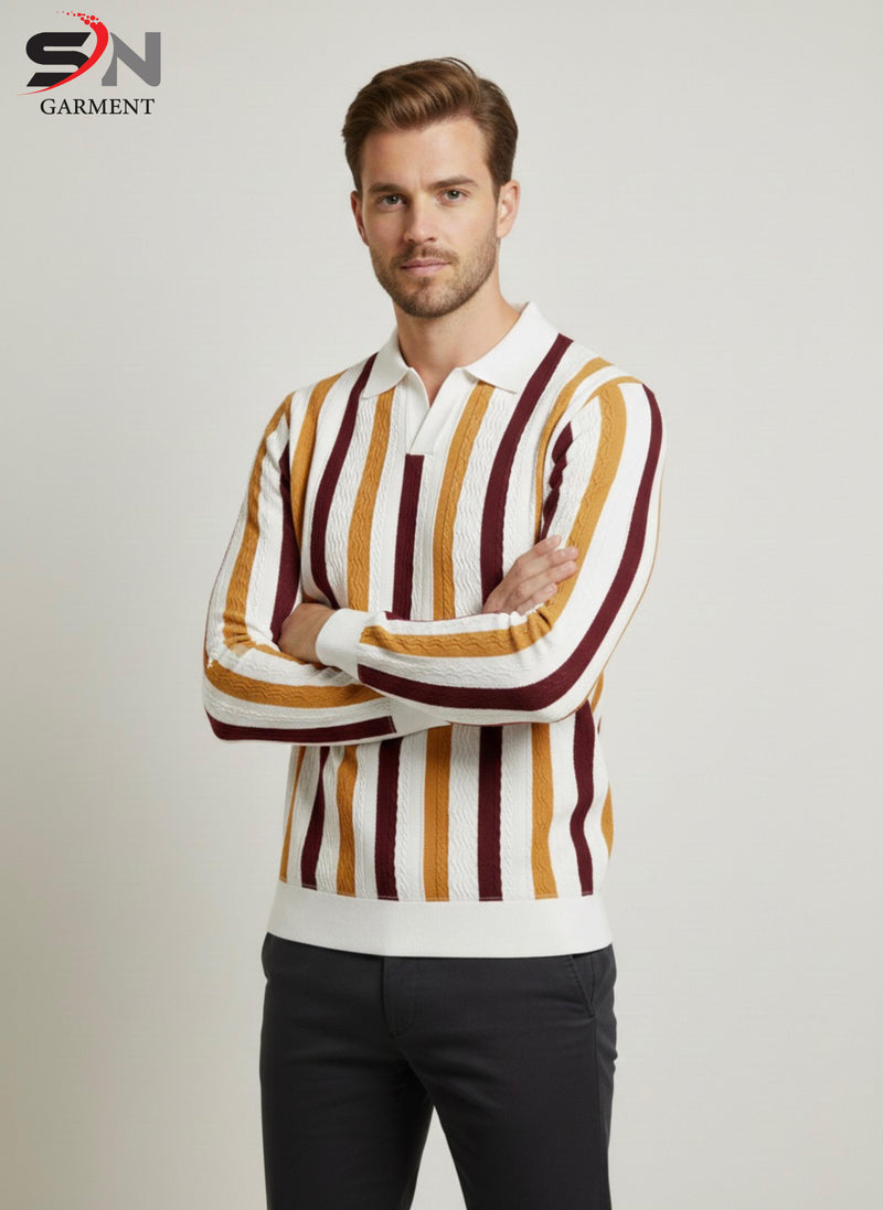Men’s Striped Lining Printed Full Sleeve Cotton Polo T-Shirt